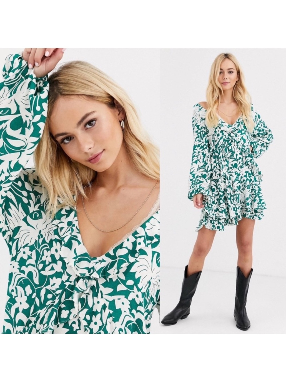Free People Rebecca Deep V neck Floral Mini Ruffle Dress Size Small